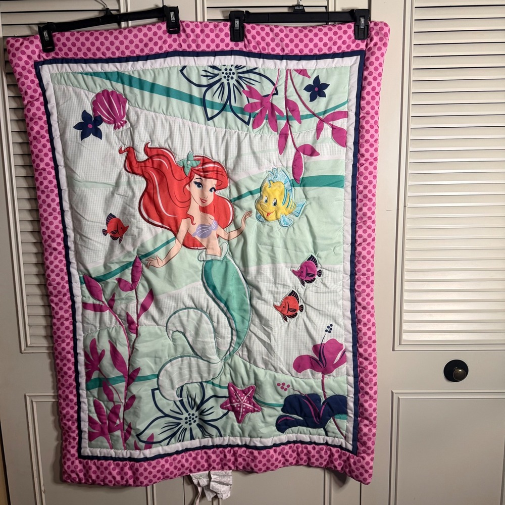 2015 Disney Baby Ariel Little Mermaid Crib Quilt Blanket Pink Polka Dot 32x41